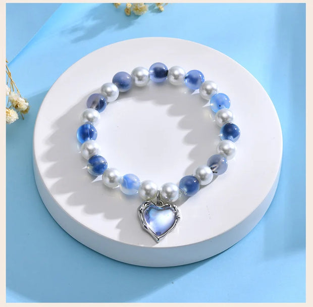 Women’s Beaded Heart Charm Bracelet – Natural Stone & Pearl Stretch Bangle