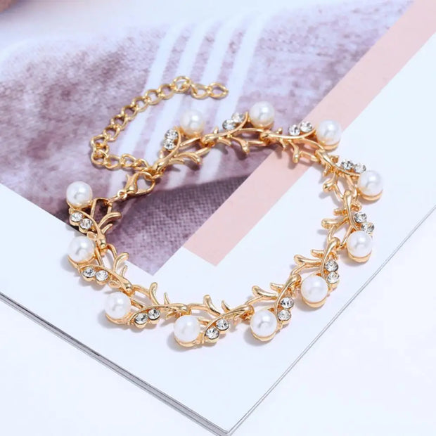 Elegant Bridal Jewelry Set – Faux Pearl & Rhinestone Necklace, Earrings & Bracelet | Wedding & Gift Set