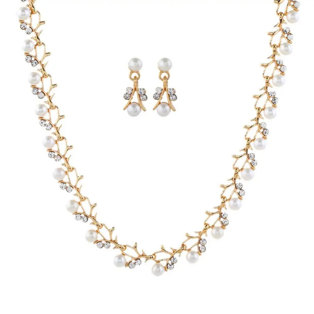 Elegant Bridal Jewelry Set – Faux Pearl & Rhinestone Necklace, Earrings & Bracelet | Wedding & Gift Set