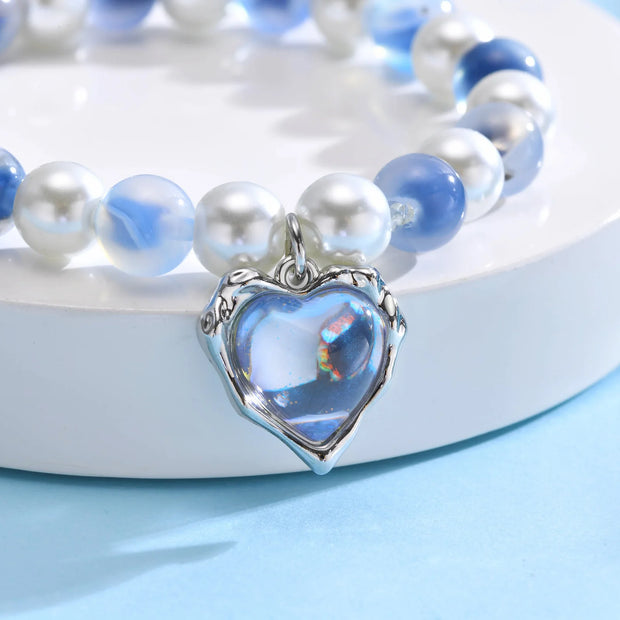 Women’s Beaded Heart Charm Bracelet – Natural Stone & Pearl Stretch Bangle