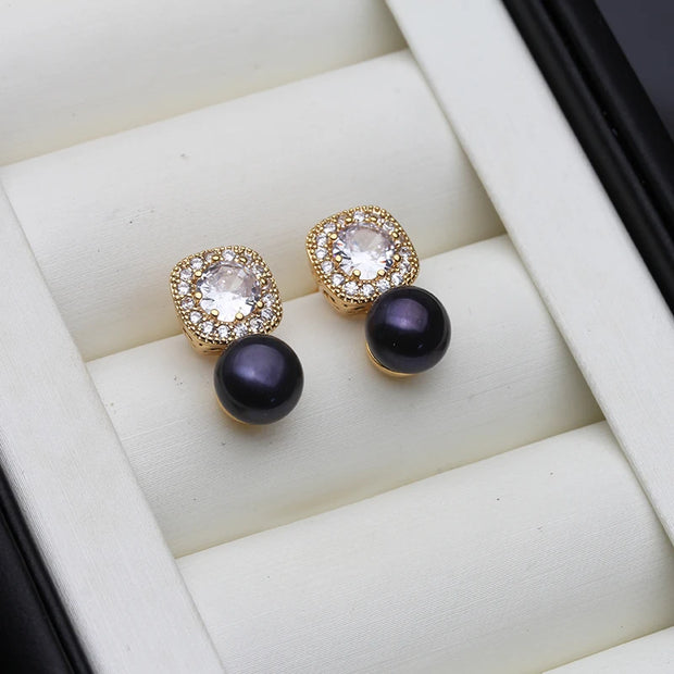 Freshwater Pearl & Zircon Stud Earrings for Women – Elegant Silver Jewelry, Birthday & Wedding Gift