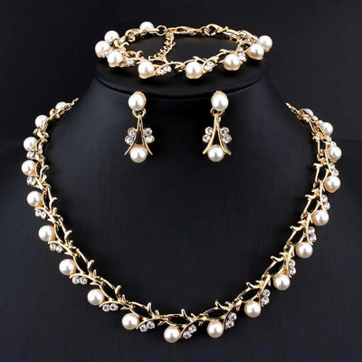Elegant Bridal Jewelry Set – Faux Pearl & Rhinestone Necklace, Earrings & Bracelet | Wedding & Gift Set