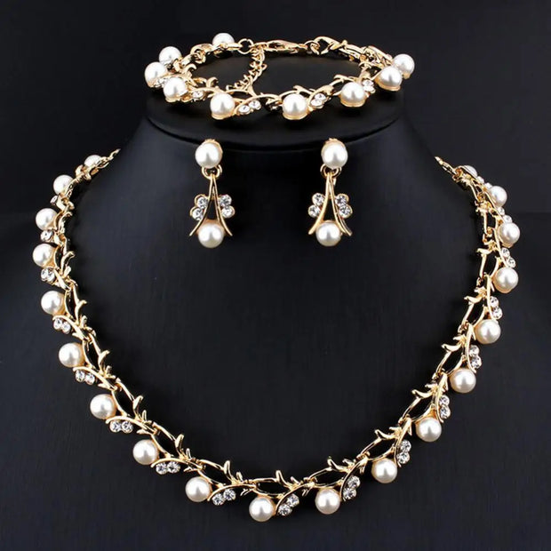 Elegant Bridal Jewelry Set – Faux Pearl & Rhinestone Necklace, Earrings & Bracelet | Wedding & Gift Set