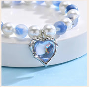 Women’s Beaded Heart Charm Bracelet – Natural Stone & Pearl Stretch Bangle
