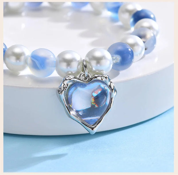 Women’s Beaded Heart Charm Bracelet – Natural Stone & Pearl Stretch Bangle