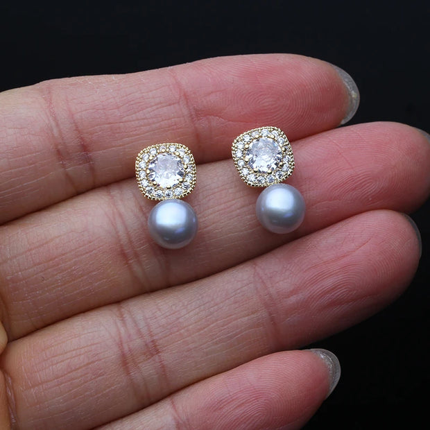 Freshwater Pearl & Zircon Stud Earrings for Women – Elegant Silver Jewelry, Birthday & Wedding Gift