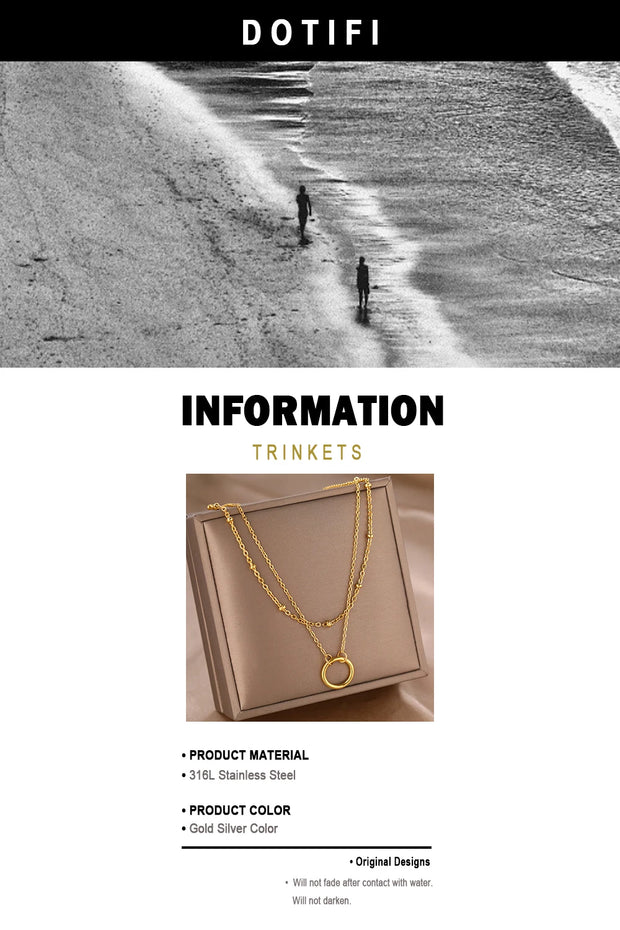 DOTIFI Stainless Steel Circle Pendant Necklace – Layered Bead Chain Choker, Trendy Fine Jewelry for Women