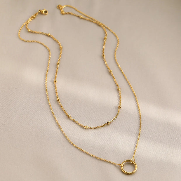 DOTIFI Stainless Steel Circle Pendant Necklace – Layered Bead Chain Choker, Trendy Fine Jewelry for Women