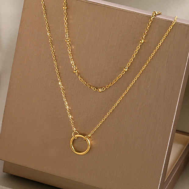 DOTIFI Stainless Steel Circle Pendant Necklace – Layered Bead Chain Choker, Trendy Fine Jewelry for Women