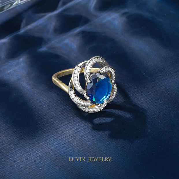 LUYIN Blue Stone Jewelry Set – Earrings & Ring, Copper Plated 14K Gold, Vintage Party Accessories for Women