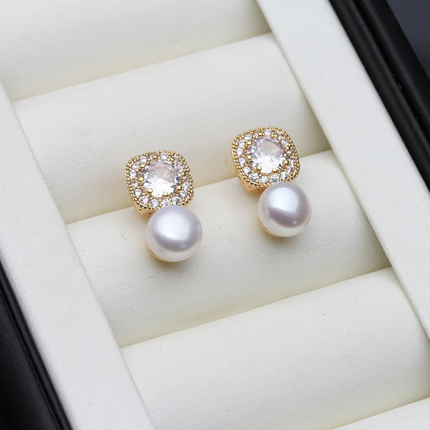 Freshwater Pearl & Zircon Stud Earrings for Women – Elegant Silver Jewelry, Birthday & Wedding Gift