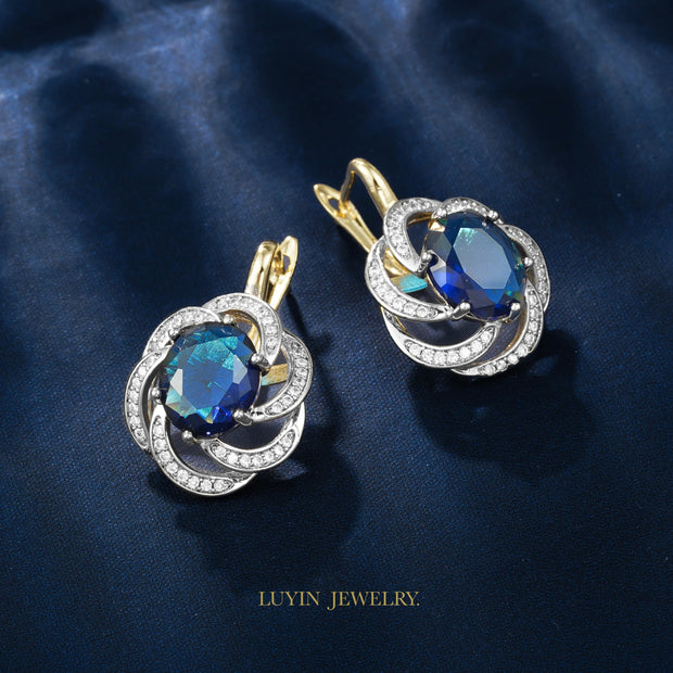 LUYIN Blue Stone Jewelry Set – Earrings & Ring, Copper Plated 14K Gold, Vintage Party Accessories for Women