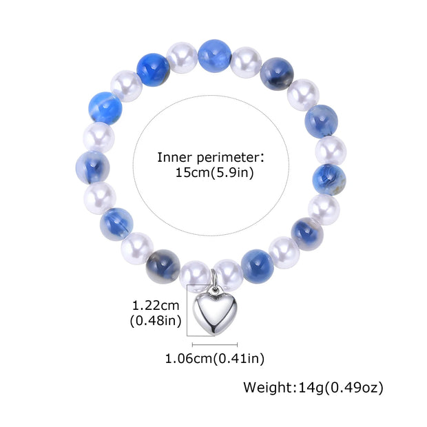 Women’s Beaded Heart Charm Bracelet – Natural Stone & Pearl Stretch Bangle